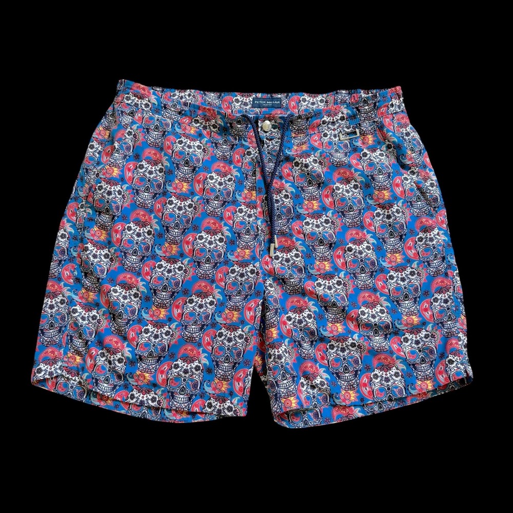Peter Millar Collection XL Sugar Skull Paisley Swim Trunks Blue MS19RP03